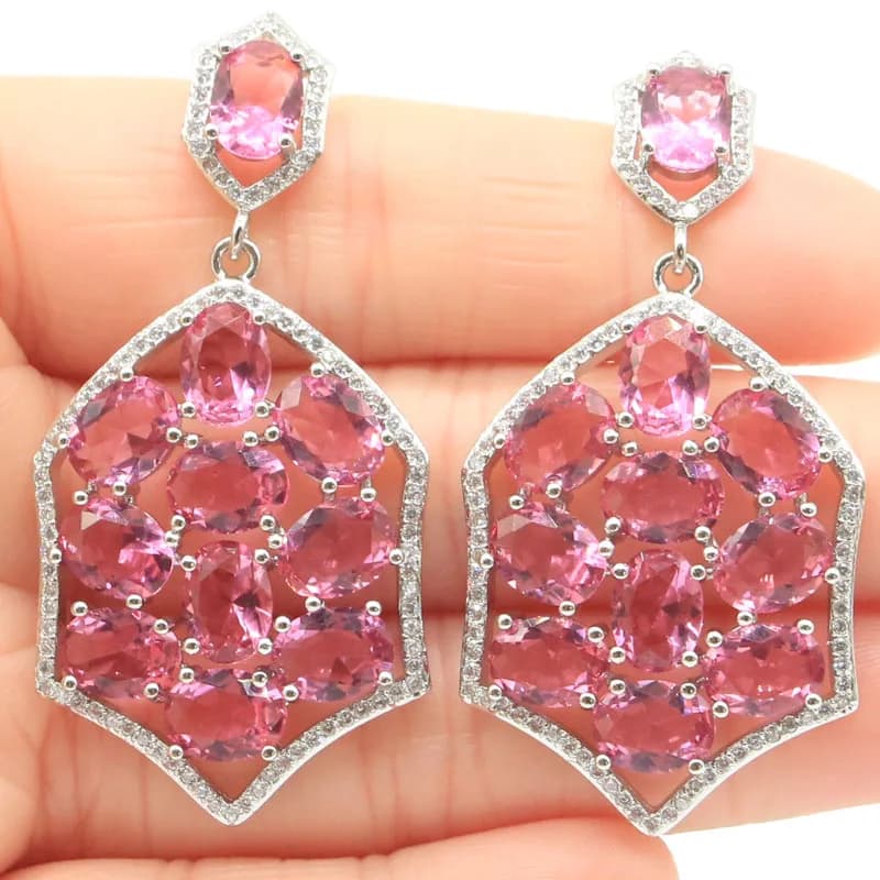 53x26mm Splendidi orecchini in argento da appuntamento per donne con tormalina rosa verde peridoto bianco CZ da 13,7 g