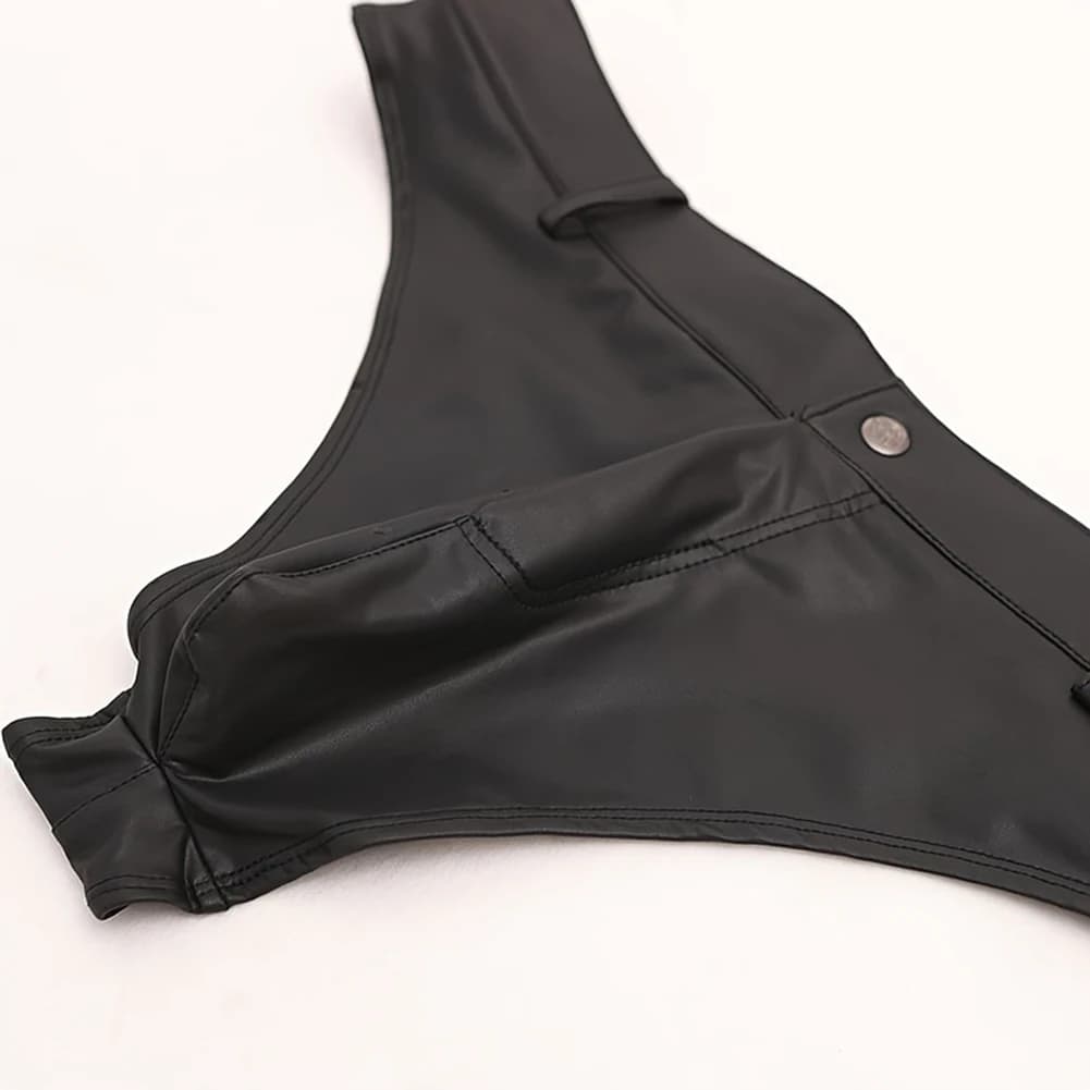 Men Faux Leather Shorts Thongs Button T Crotch Low Rise Very Hot Lingerie Sissy G-String T-Back Brief Underwear Men's Clothing