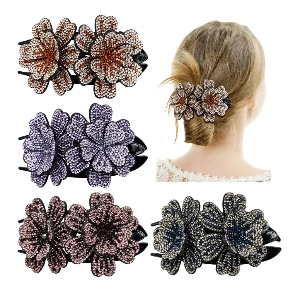inSowni Pack of 4 Gems Luxury Fantasy Korean Decorative Glitter Crystals Sparkling Rhinestones Double Flower Hairstyles Plastic Clip