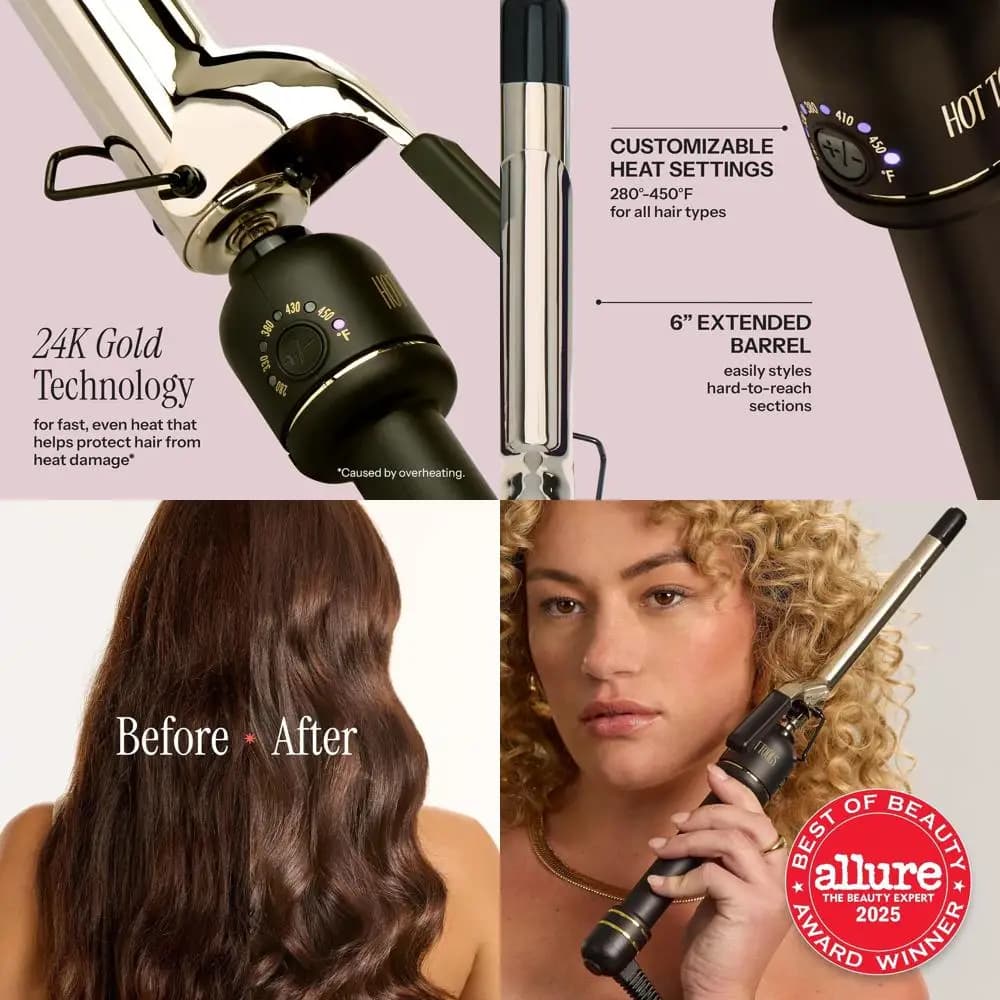 Iron curler with 1.25 inch elongated cylinder and decoded curly clamp - 24K gold technology for long-lasting styling results 2. 1 1/4 C