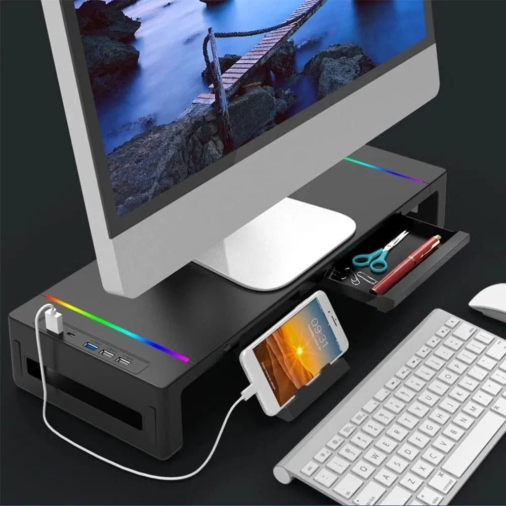 RGB Lights Monitor Stand Riser with USB USB 3.0 & 2.0 Hub Foldable Computer Display Stand with Storage Drawer Ergonomic