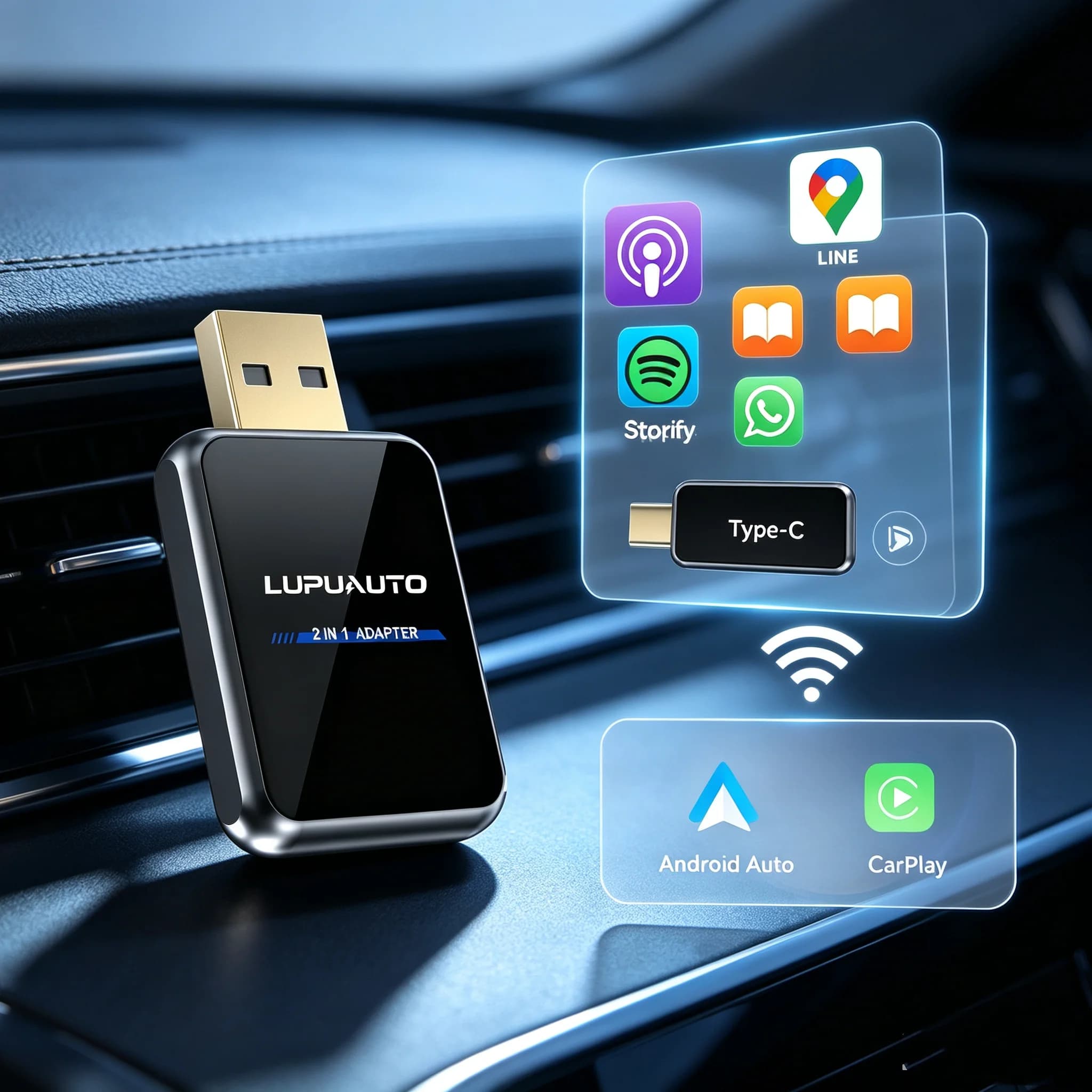 Car Intelligent Systems 2in1 Wireless CarPlay Smart Mini Box Android Auto for OEM Car Stereo 5Ghz WiFi Type-C/USB Plug and Play CarPlay