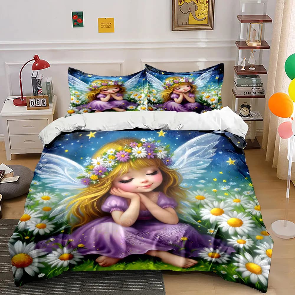 Set copripiumino con motivo fata e corona di margherite, stampa digitale, biancheria da letto colorata in poliestere con chiusura a cerniera, per regali per bambini