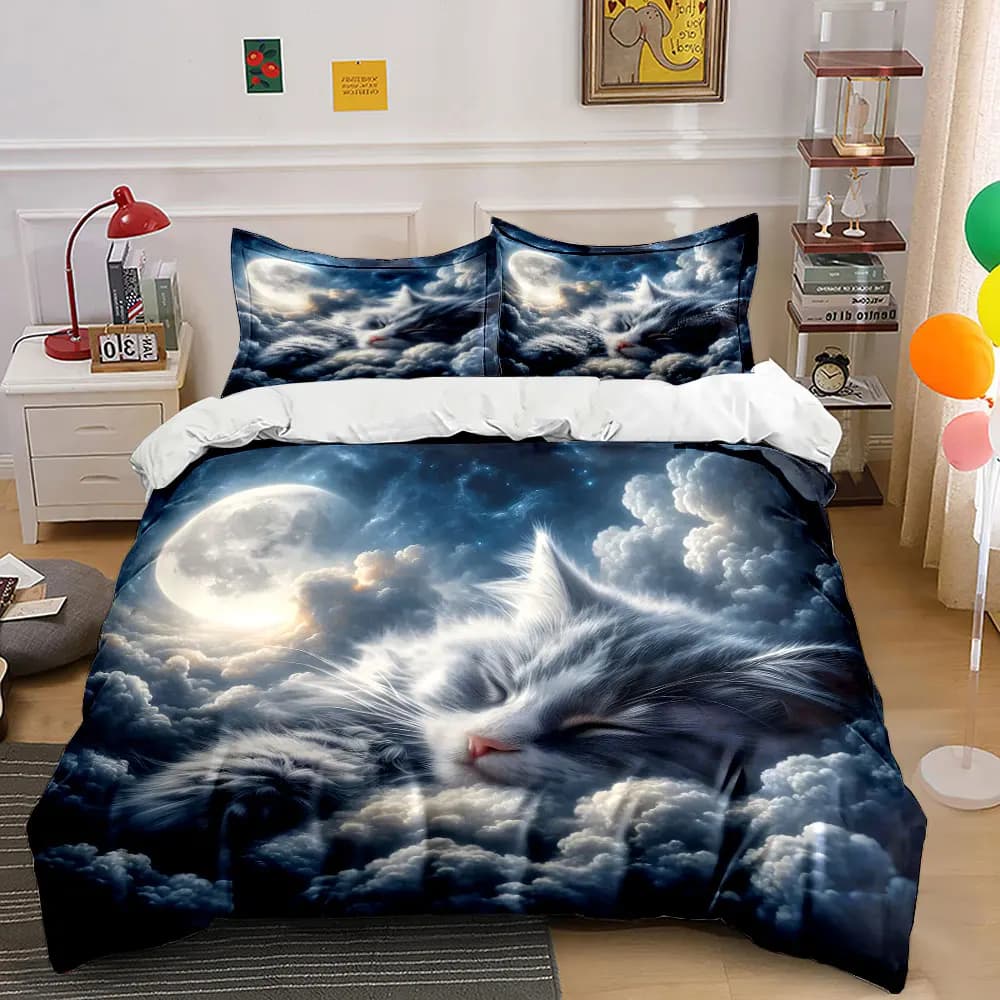 Set copripiumino stampato con gatto che dorme tra le nuvole, 1 copripiumino + 2 federe, decorazioni per la camera da letto in diverse misure, regali di lusso