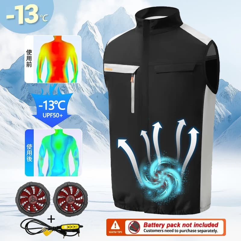 Nuovo Gilet Rinfrescante da Uomo con Protezione Solare, Strisce Riflettenti e Ventole, Abbigliamento da Lavoro Rinfrescante Ricaricabile per Cantieri Edili