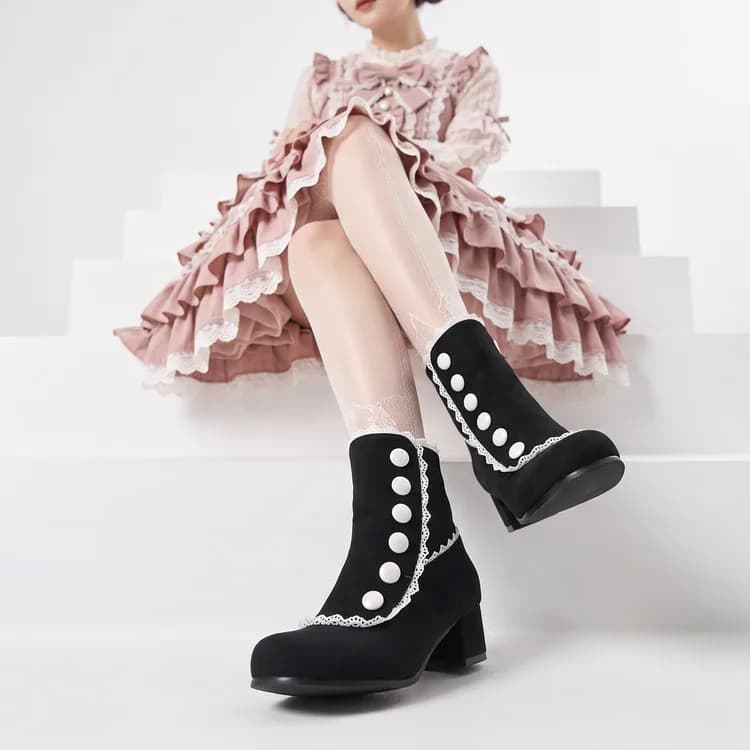 New Women's Four Colors Lolita Ankle Boots Lace Trim Button Chunky Heel Round Toe Pastel Colors Sweet Kawaii Fashion Booties