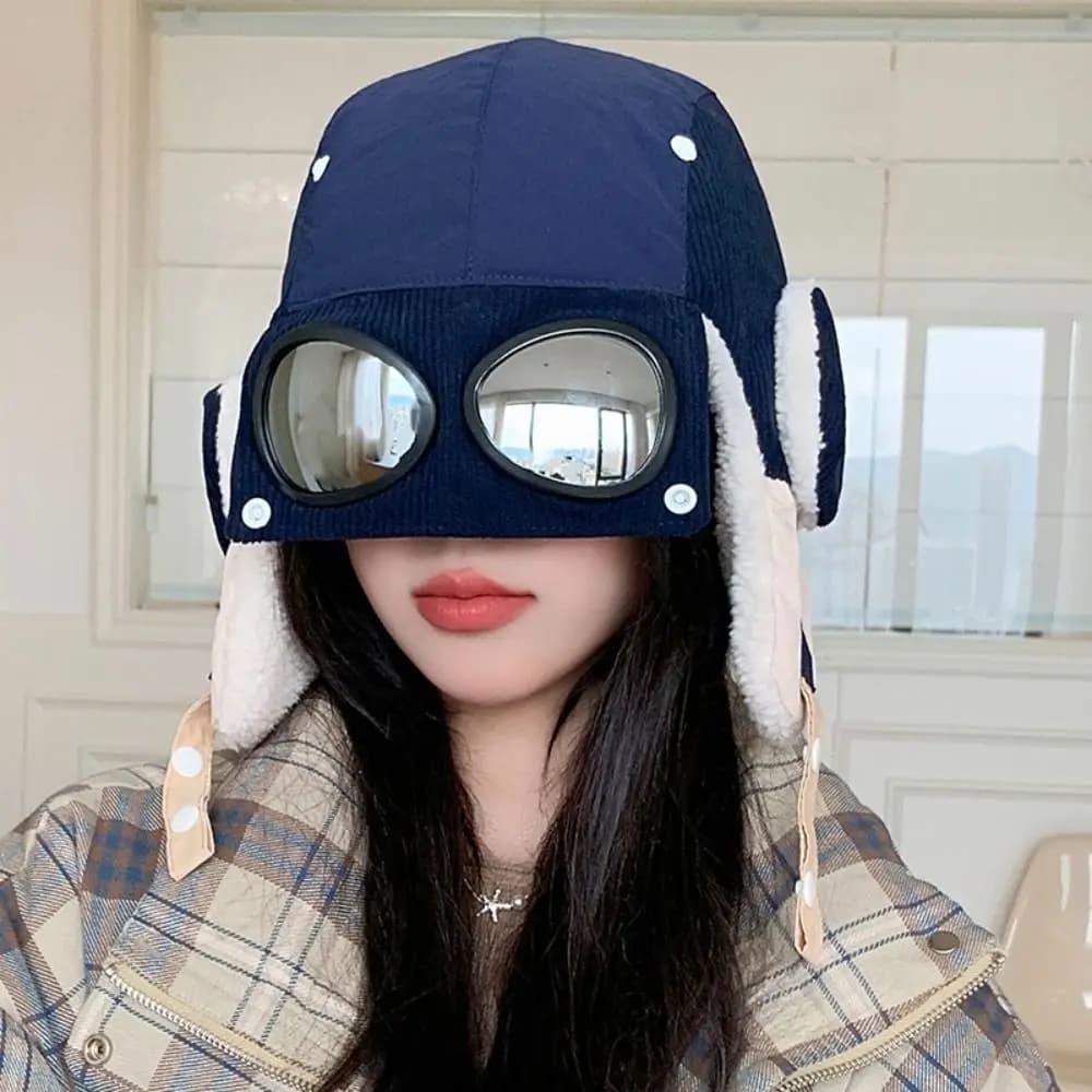 Simple Windproof Winter Pilot Hat With Goggles Anti Fog Beanie Warm Ski Hat Warm Velvet Plush Hat Hiking