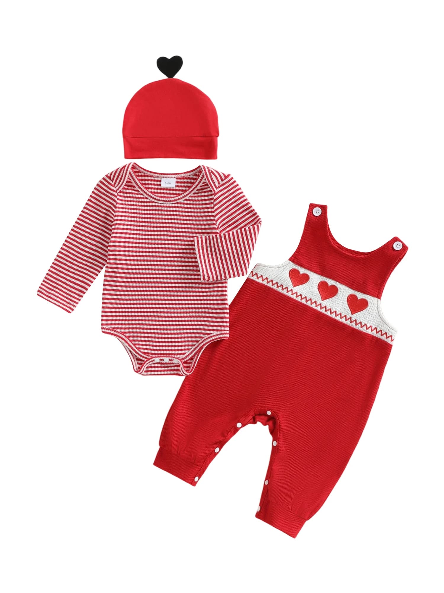 Completo da neonato per San Valentino, pagliaccetto a maniche lunghe a righe con tuta ricamata a cuore, pantaloni e cappello per neonati