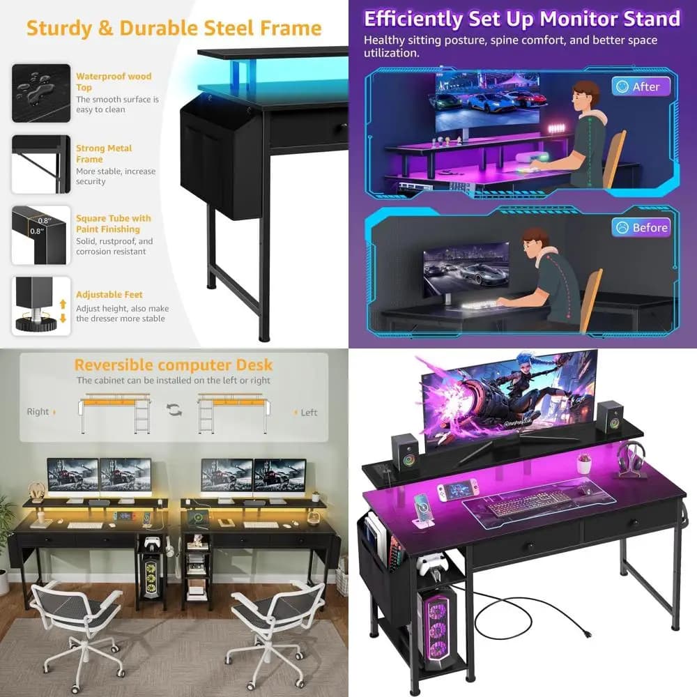 39 inch compact black gaming desk with shelves and drawers for teens and teens, including monitor support and power outlet