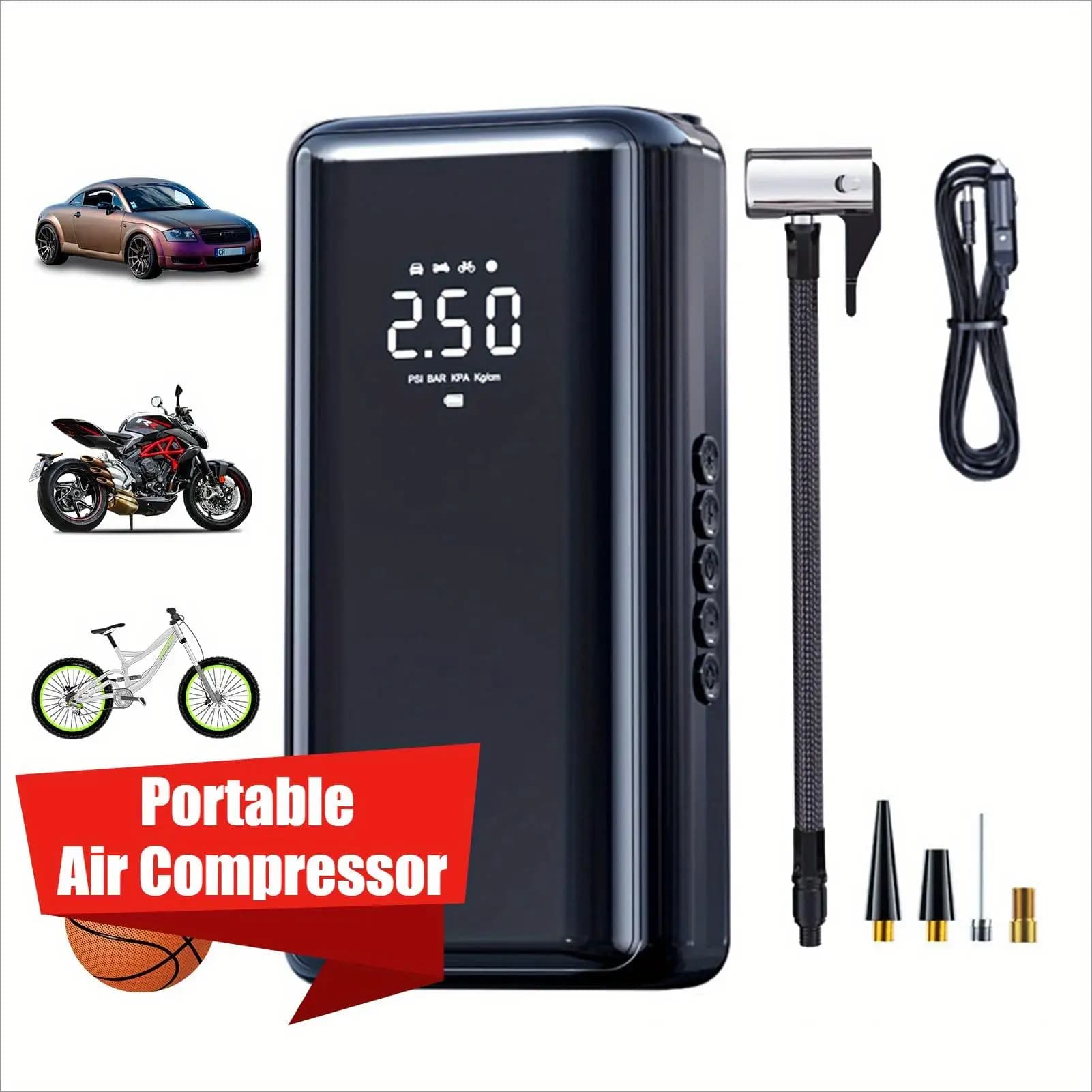 Compressore d'aria portatile per pneumatici auto, pompa ad aria rapida, gonfiatore di pneumatici con pressione precisa per moto, biciclette e palloni