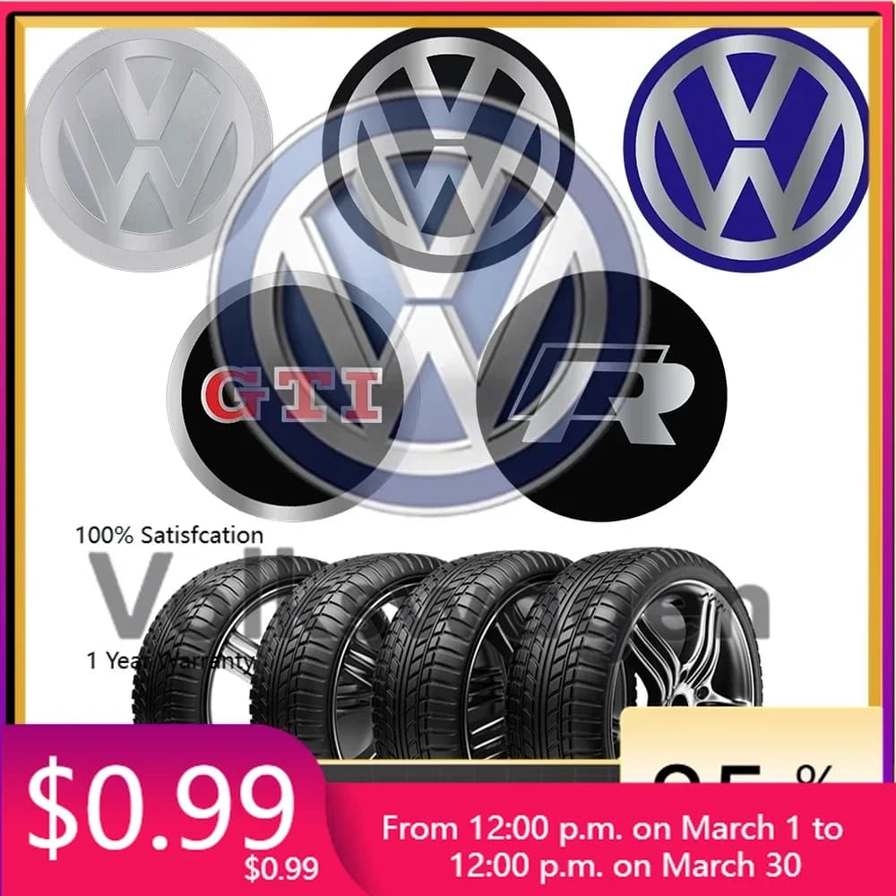 Accessori Auto per VW VOLKSWAGEN, Nuovo Set di 4 Adesivi per Coprimozzo da 56/60/65mm, Badge per Volkswagen VW R Line GTI Gol