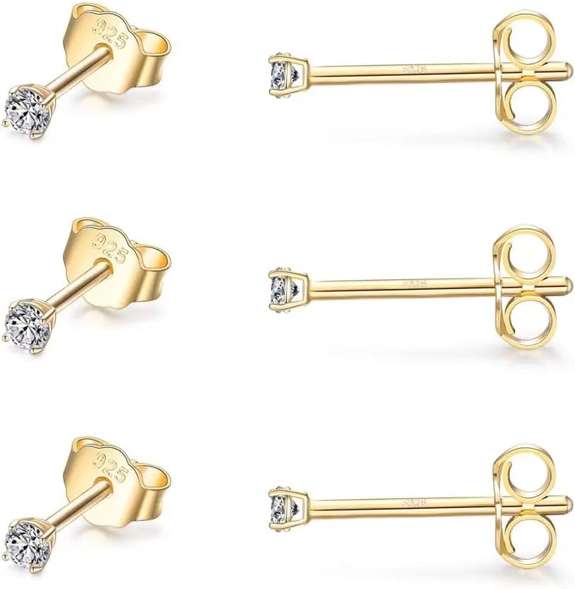 3 paia di orecchini a lobo in argento sterling per donna, uomo, ragazza, orecchini a lobo rotondi piccoli da 2 mm con zirconi cubici