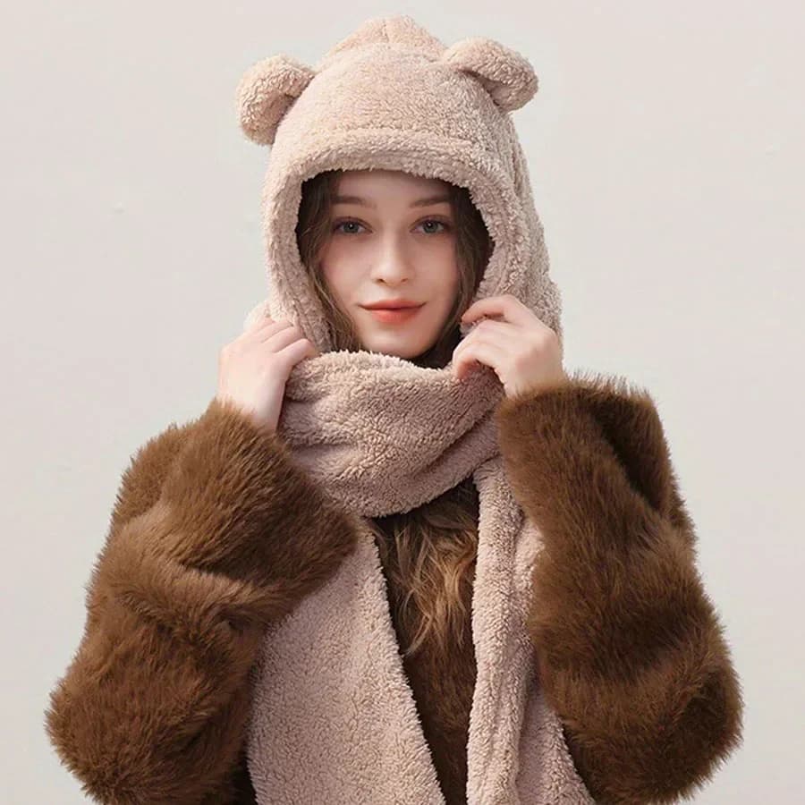 Plush Teddy Bear Hat Scarf One-Piece Women's Winter Scarf Cute Winter Versatile Cycling Warmth with Plush Ear Protection Hood