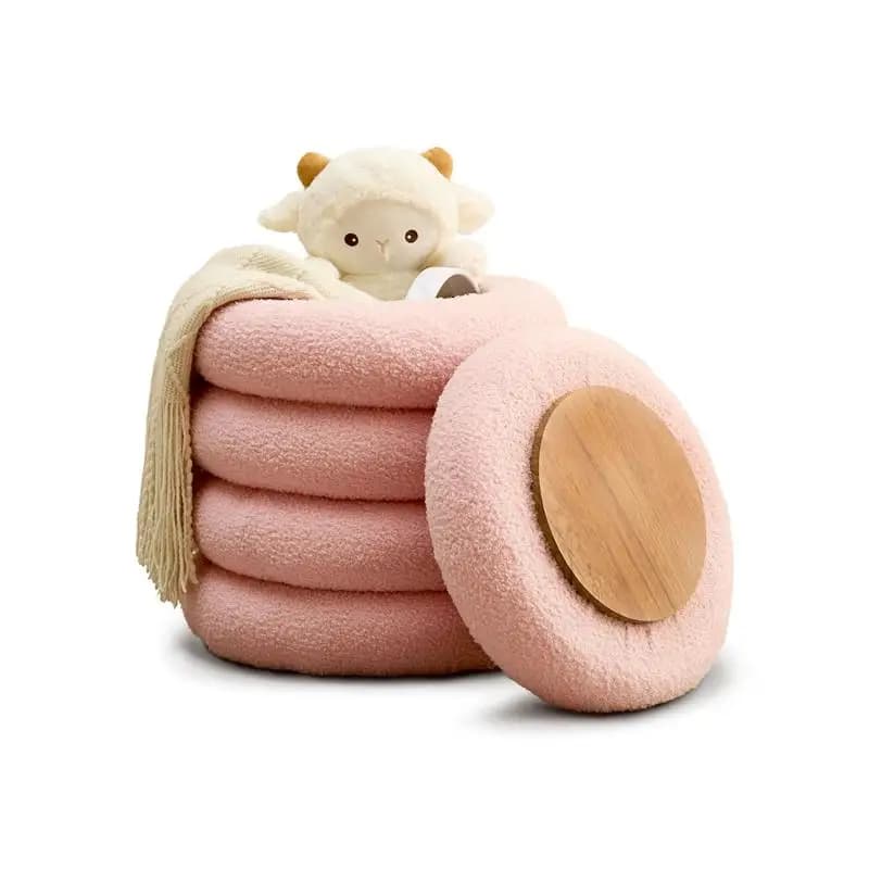 Pouf portaoggetti rotondo, poggiapiedi moderno Sherpa, sedia per trucco con vassoio ribaltabile, poggiapiedi imbottito per soggiorno e camera da letto