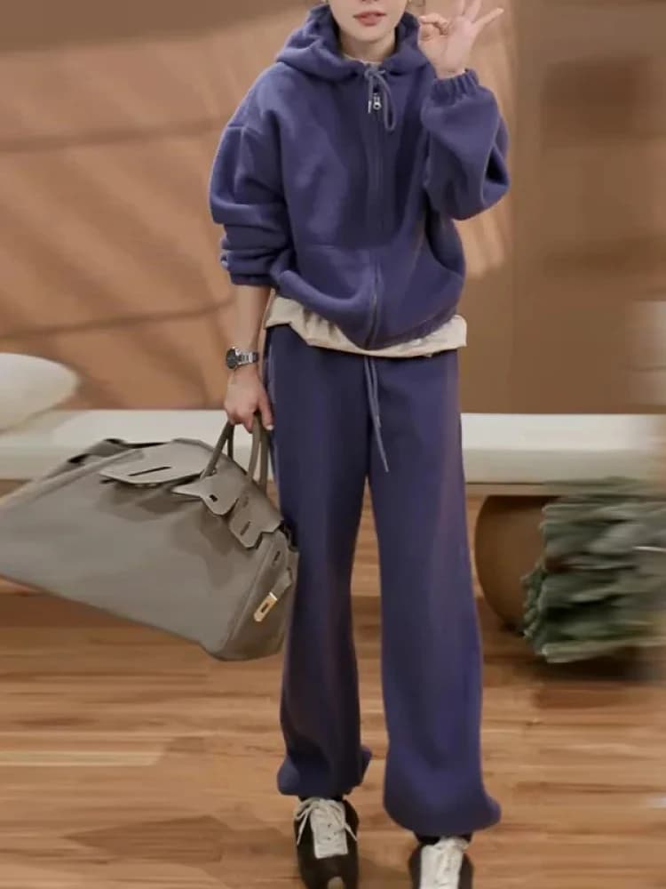 Set Sportivo Casual Americano da Donna, Nuovo Stile Autunno Inverno, Felpa con Cappuccio e Pantaloni Larghi Comodi, Completo Due Pezzi Viola