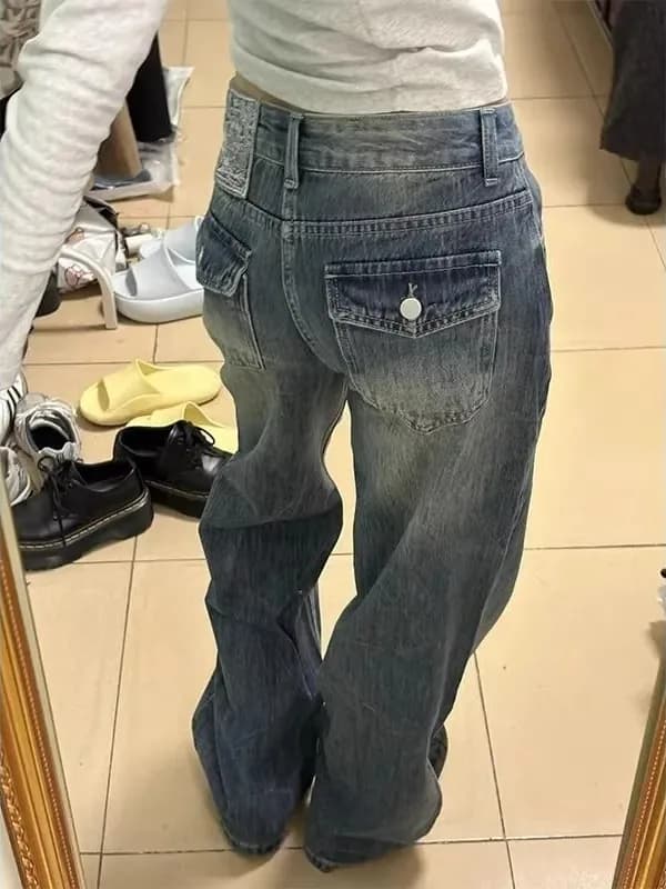 Low Waist Wide Leg Denim Jeans Women's Retro Washed Straight Tube Design Embroidery Label Slimming Effect Casual Spring Jeans