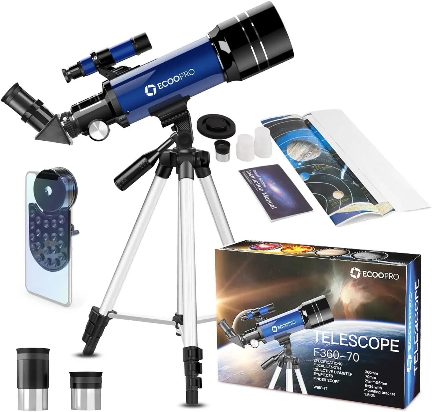 Telescopio con Apertura 70mm per Bambini e Adulti, Rifrattore 360mm con Adattatore per Telefono e Oculari, Strumento Astronomico Portatile da Viaggio