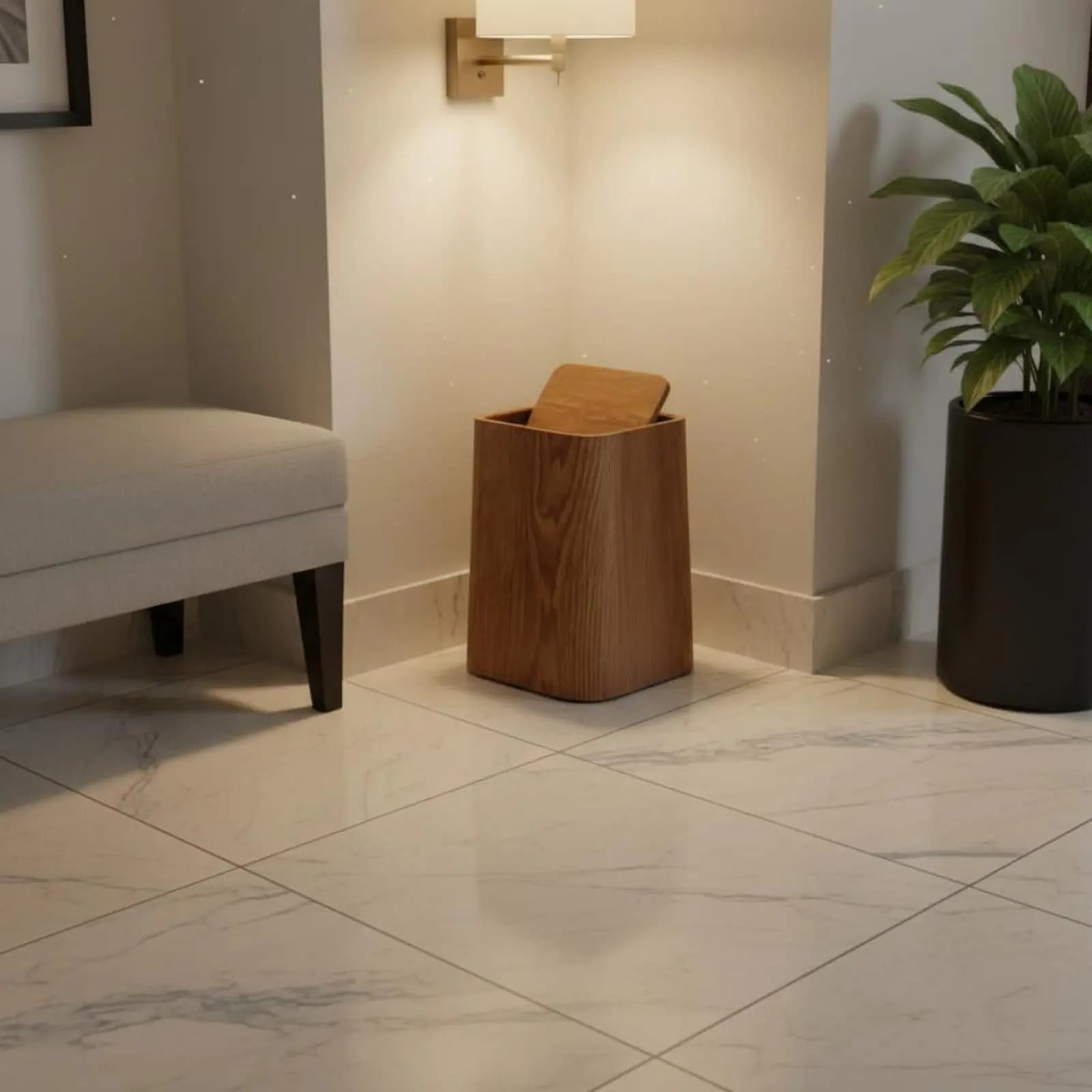 Cestino per Rifiuti Effetto Legno Facile da Pulire, Contenitore Rettangolare Sottile con Doppio Scomparto e Fermo per Sacchetti
