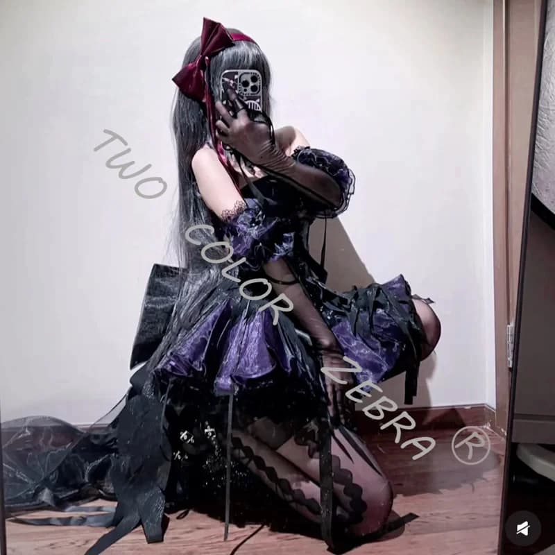 A;3\v,7'd/Homura Akemi Cosplay Costume Purple Corset Skirt and Choker Black Feather Tulle Dress fow.3;v'6\b/
