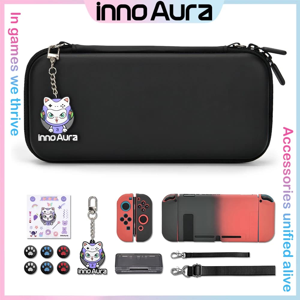 Set di accessori per interruttori innoAura con custodia per il trasporto, custodia protettiva, protezione dello schermo, guscio dell'interruttore nero-rosso, custodia per giochi Switch