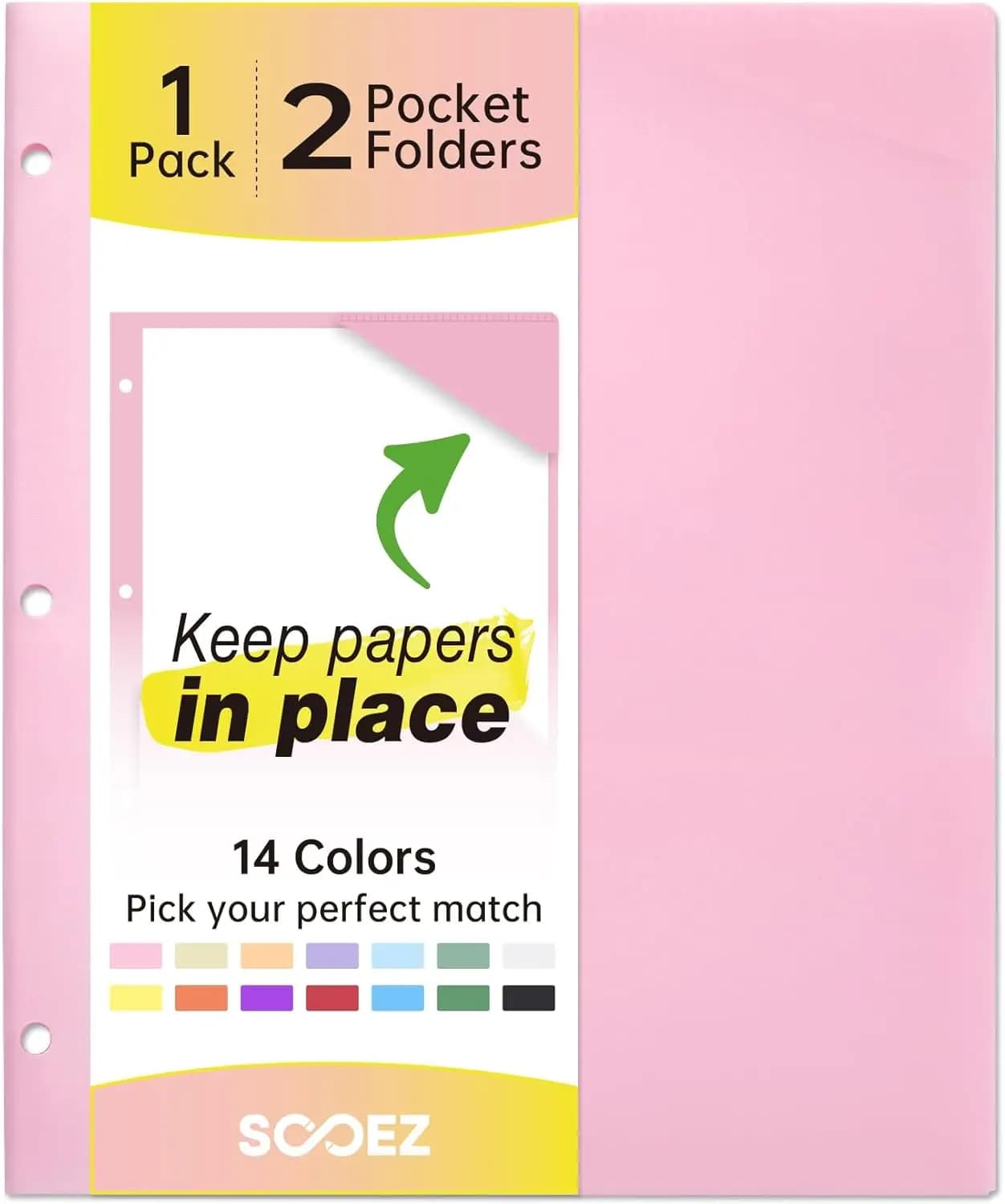 Cartelle in Plastica Resistente con 2 Tasche, Perforazione a 3 Fori per Raccoglitori, Formato Lettera, Colore Rosa