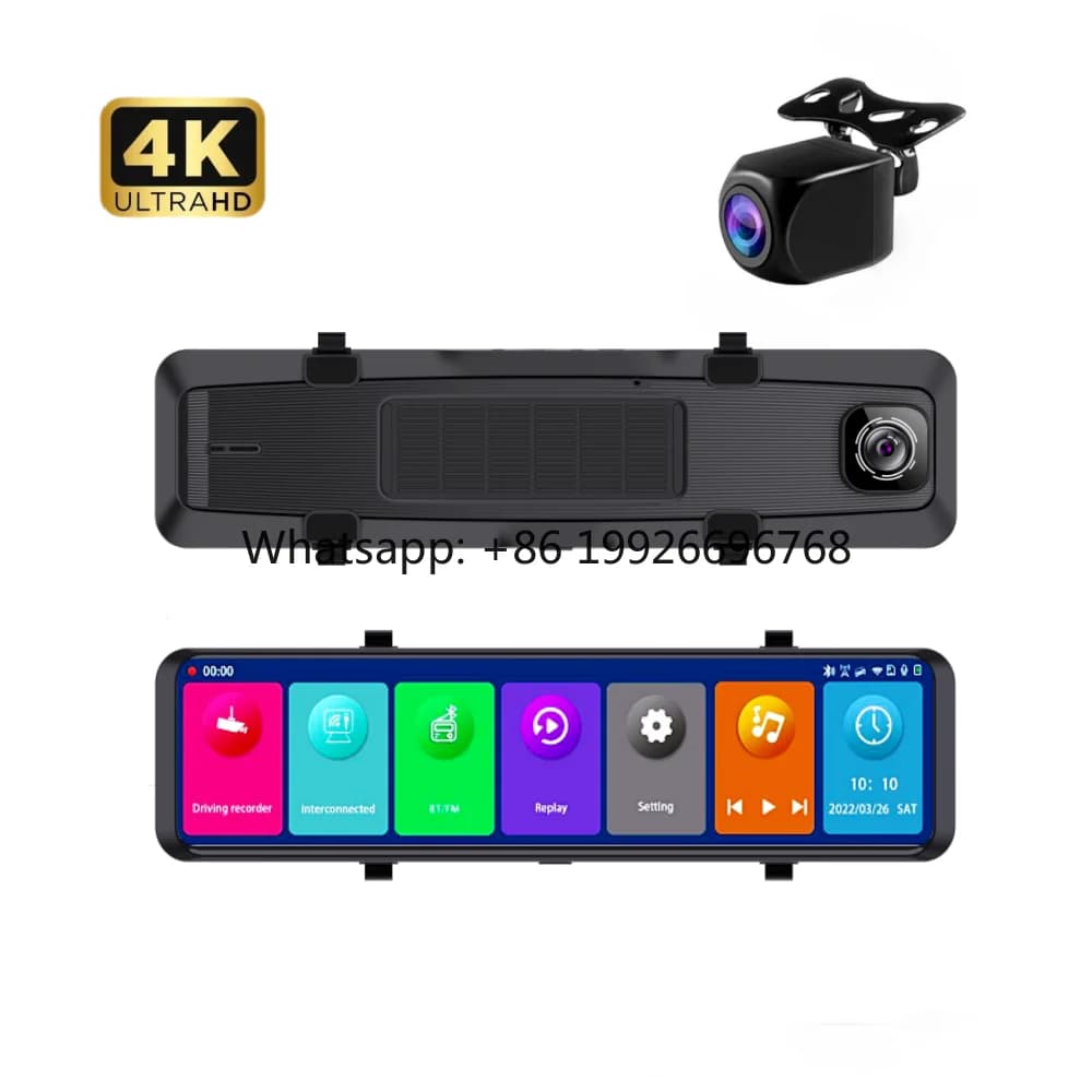 4K 12 Car Retrovisor Mirror with Android Car and Carplay, Dash Cam 2160P with Touch Screen, Video Recorder with WIFI, GPS, AUX, FM, BT