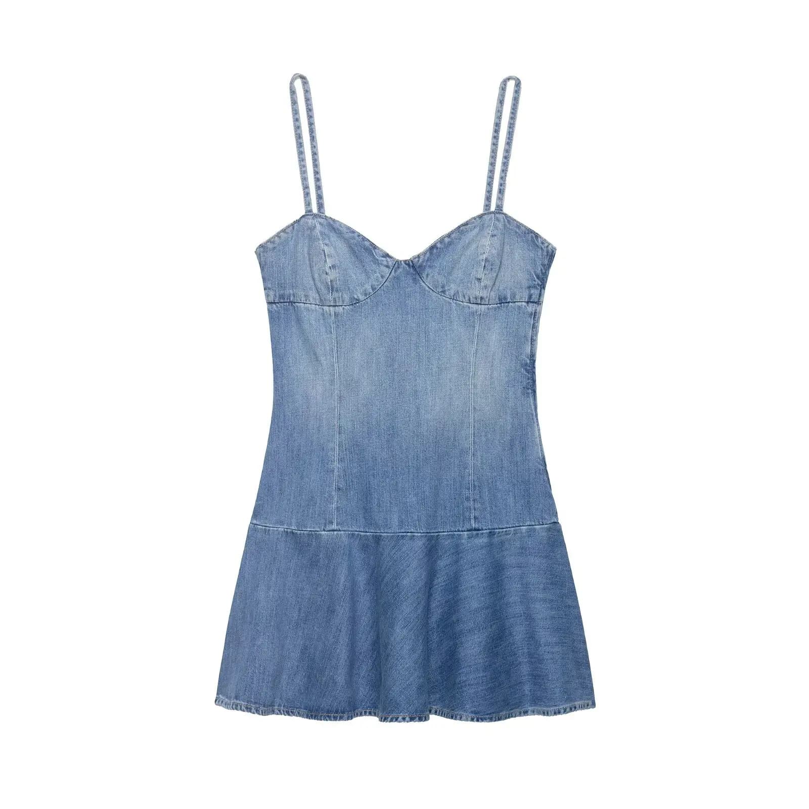 Abito in denim sexy americano primaverile/estivo con scollo a V, cintura e volant, vestito slim in jeans da donna per feste e club
