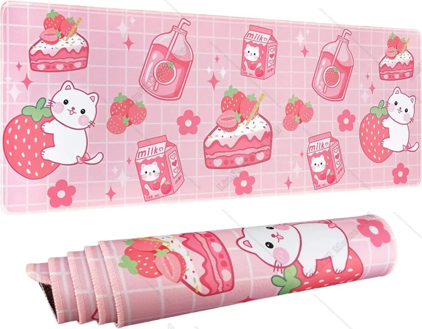Kawaii Large Cat Strawberry Milk Mouse Pad Pink XL Cute Anime Mouse Mat Kawaii Strawberry Decor 31.5X11.8 In