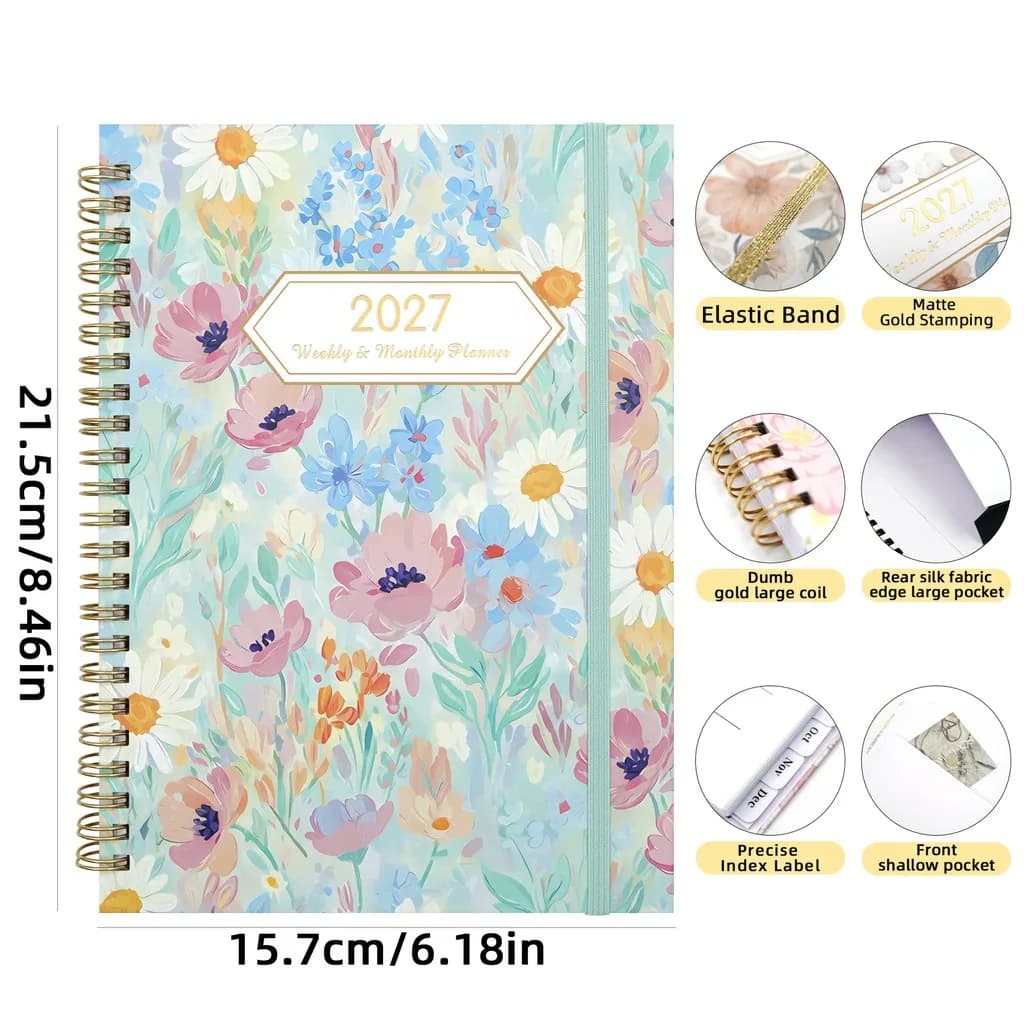 2027 A5 Spiral Bound Weekly & Monthly Planner Floral Cover Agenda Notebook For Daily Schedule Management Time Organizer