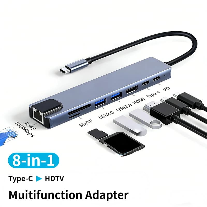 Hub USB C 8-in-1 da tipo C a adattatore compatibile con HDMI 4K con lettore di schede RJ45 SD/TF PD a ricarica rapida per MacBook, notebook e laptop