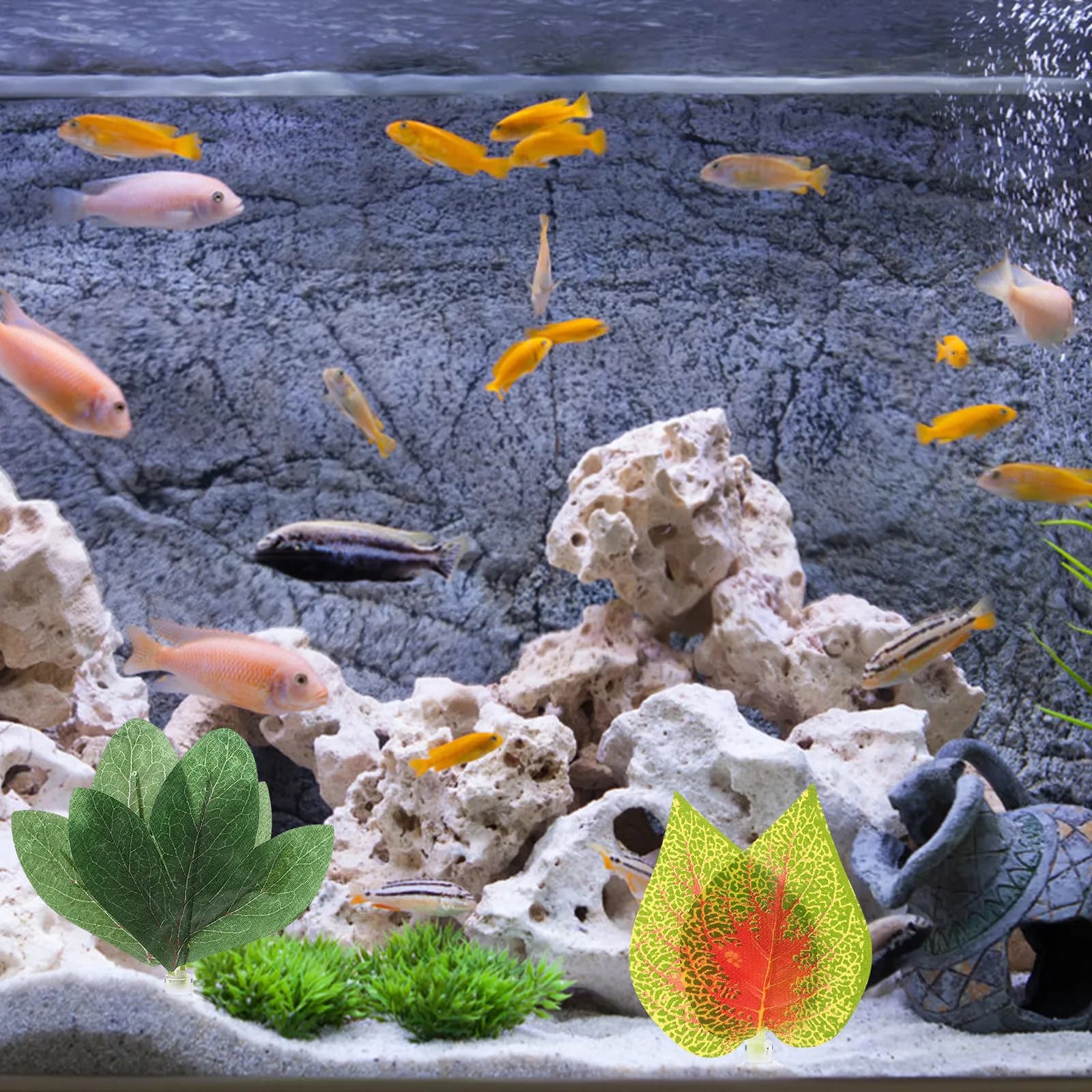 4 Pieces Realistic Fin Plants for Aquarium, Plastic Decoration for Fish and Reptiles, Artificial Leaves for Landscape, Scenographic Improvement