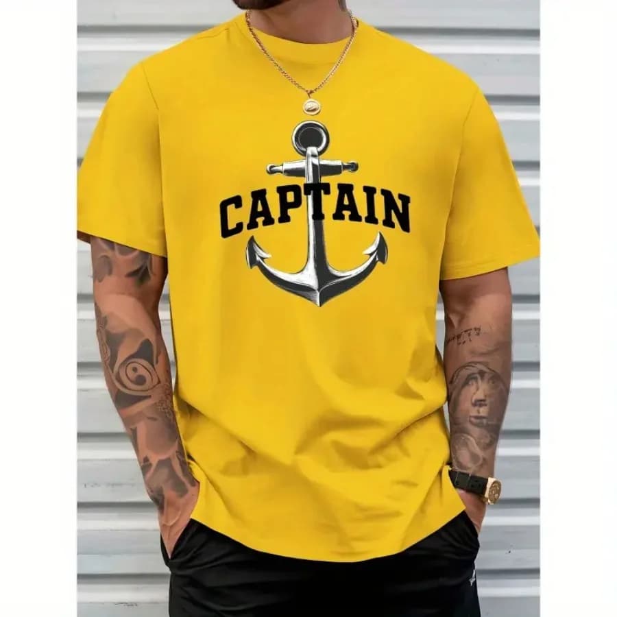 【Nuovo arrivo】T-shirt da uomo con grafica Captain Anchor, stampa nautica con barca a vela, maglietta casual a maniche corte, top giallo