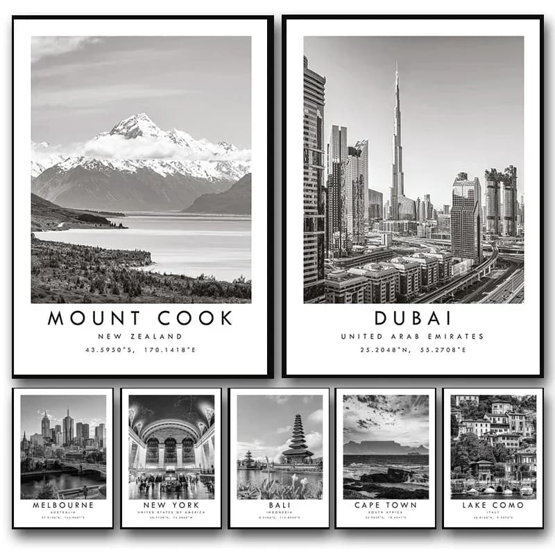 Black White Travel City Poster Dubai Prague Sydney Perth Tokyo Print Canvas Painting Wall Art Picture for Living Room Home De