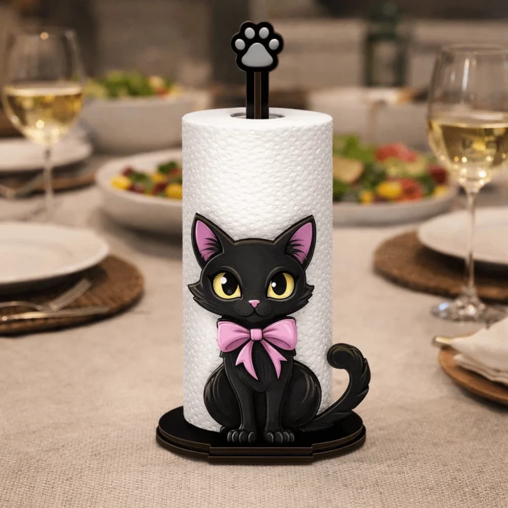 Portarotolo in Legno a Forma di Gatto Nero, Porta Pellicola Alimentare, Porta Tovaglioli da Tavolo, Porta Carta Igienica Verticale