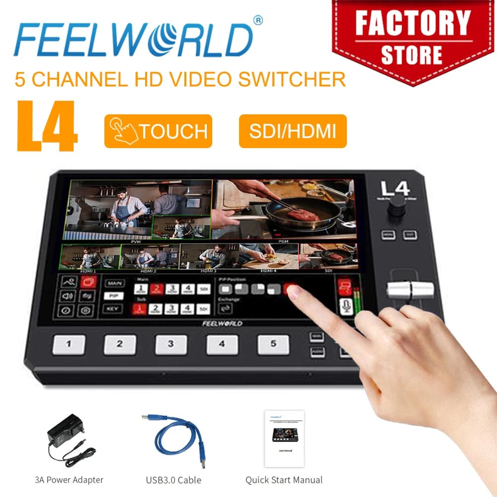 L4 Switcher for Mixer Video Multi camera 10.1 inch with Touch Screen 4 xHDMI 1xsdi Chroma Key USB3.0 Live Streaming