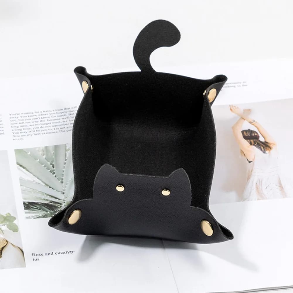 PU Leather Hexagonal Dice Tray Folding Function Game Accessories Key Storage Tray Cute Cat Shape Dice Tray Box For RPG DnD Game