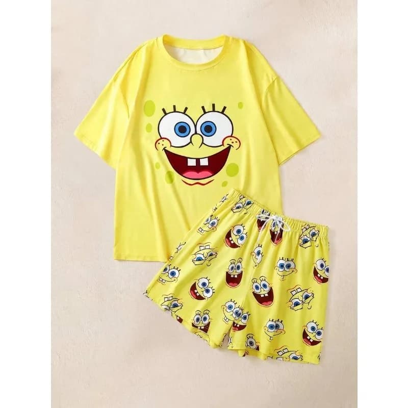 SpongeBob SquarePants Cartoon Big Face Short Sleeve Pajama Set Full Print Avatar Loose Casual Home Clothes Two Piece Set