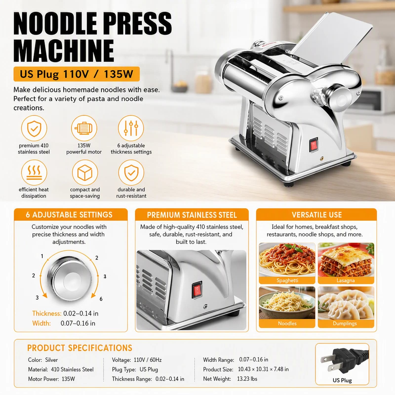 Automatic Noodle Machine 135W Stainless Steel Pasta Maker, 6 Adjustable Thickness Settings 0.02-0.14in, Tabletop Dough Roller for Spaghetti Lasagna Dumplings Home Kitchen Use