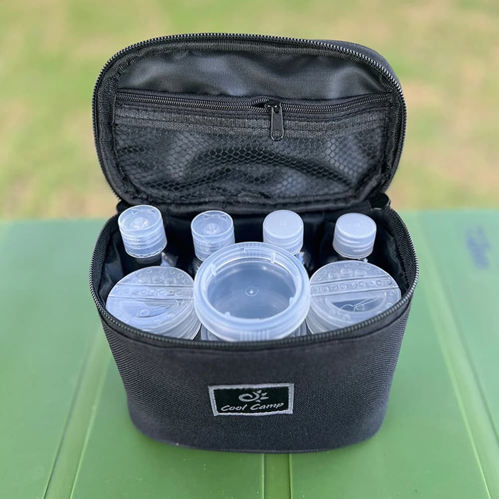 Set di Contenitori Portatili per Spezie in PET di Grado Alimentare con Ampia Borsa Portaoggetti per Campeggio e Viaggi, Design Elegante Nero