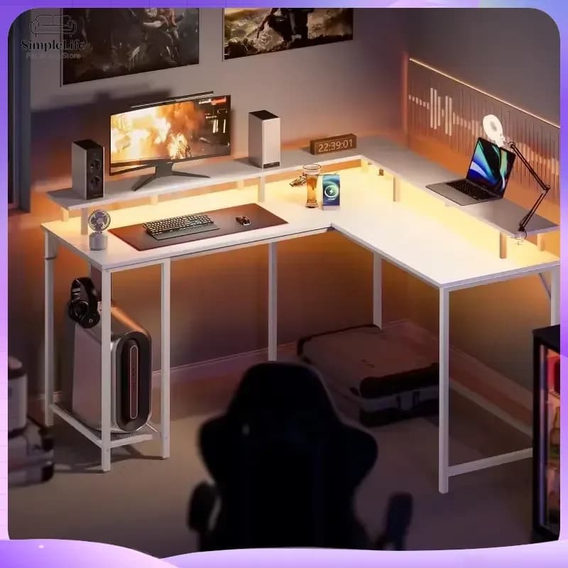 L Shaped Computer Desk with Power Outlets LED Lights Gaming Monitor Stand Storage Shelf Home Office Desk Ergonomic Desk