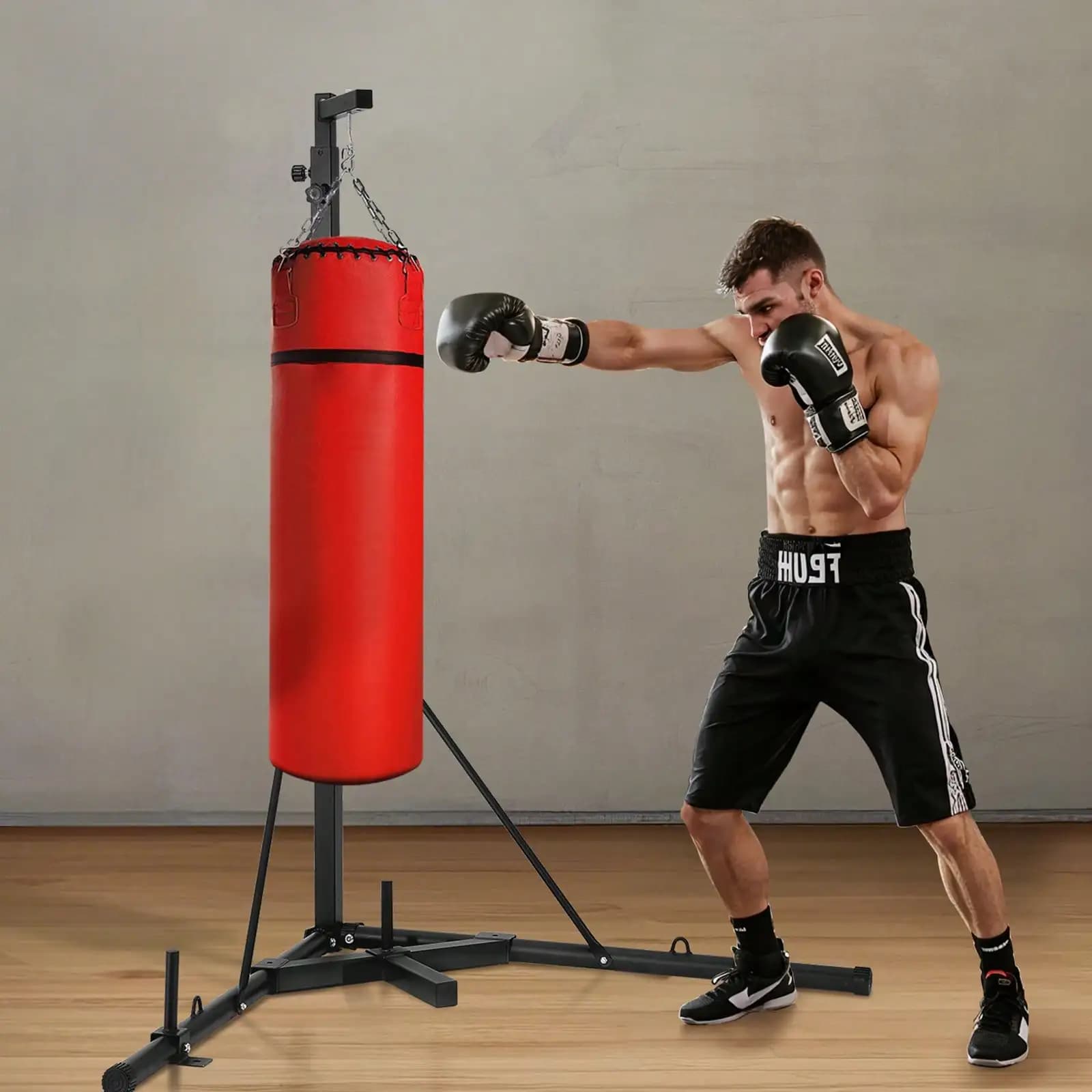 Punching Bag Stand, Steel Heavy Duty Workout Training Equipment, Adjustable Height Boxing Punching Stand With Weighted Base, Holds Up To 140 Lbs, Freestanding Sandbag Rack For Home Gym Fitness