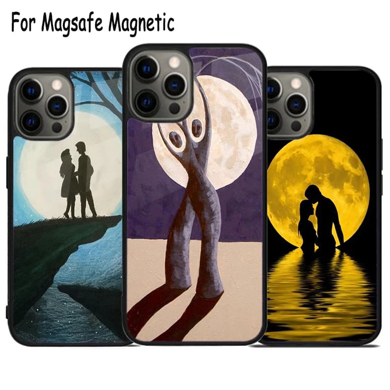 Custodia per telefono con ricarica wireless Moon Couple Art per iPhone 17 Air 15 16 16e 14 13 11 12 Pro Max Plus, cover magnetica Magsafe con paraurti