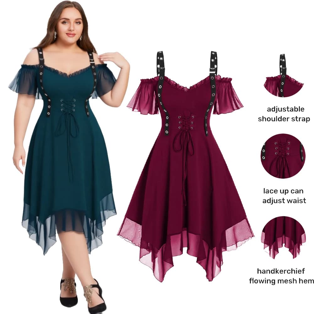ROSEGAL Abiti in Chiffon Taglie Forti da Donna, Vestito Estivo con Spalle Scoperte, Allacciatura con Occhielli, Asimmetrico, Stile Foulard