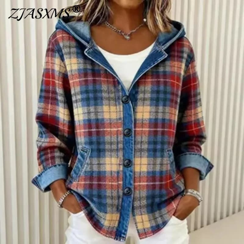 Y2K Clothes Hoodies New Plaid Print Hooded Sweatshirts Woman Retro Patchwork Button Top Cardigan Autumn Long Sleeve Coat Jackets