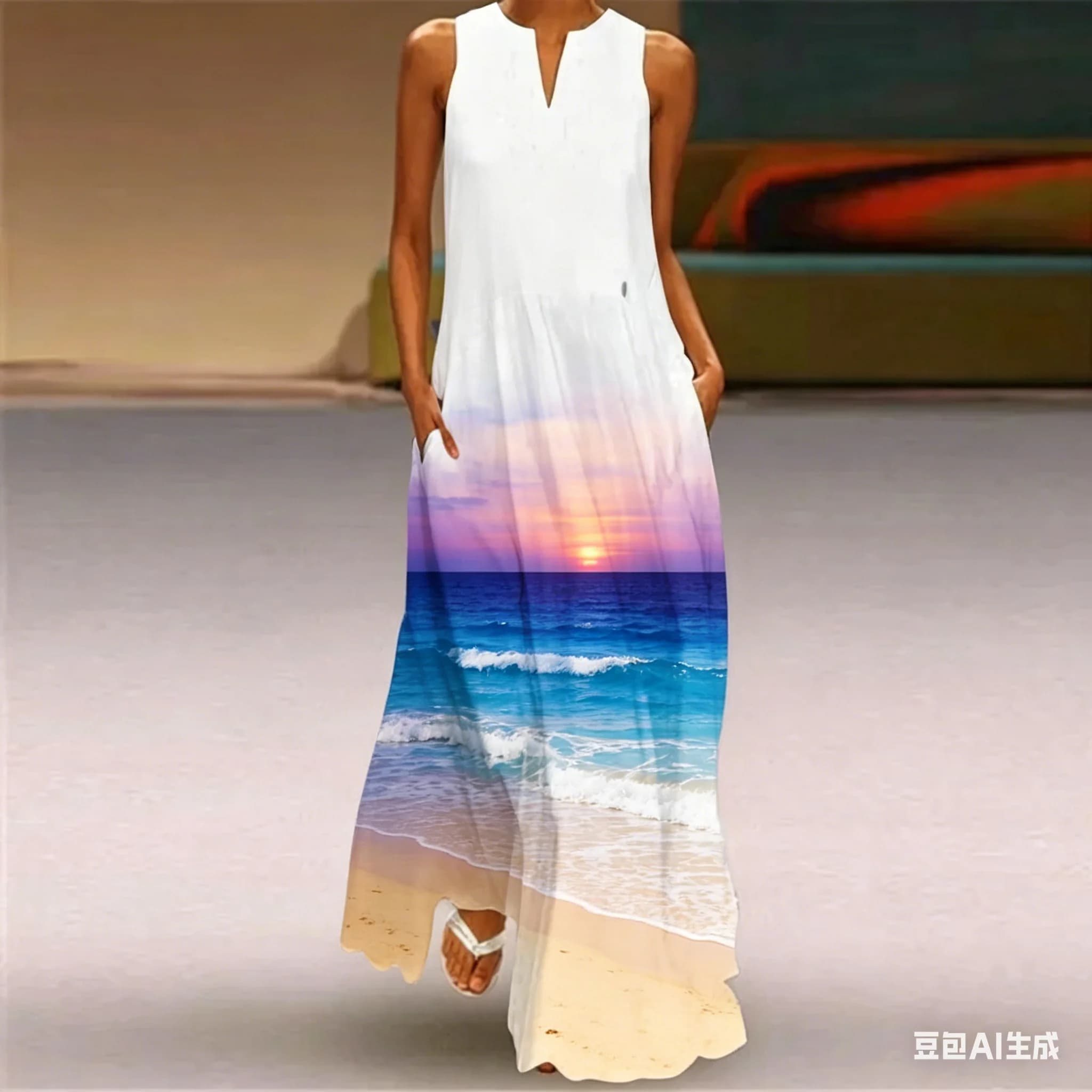 Large Size 3XL Women Long Dress Casual Robe Vestidos Summer Sexy Sleeveless V-neck Long Dress Beach Party Print Maxi Dress