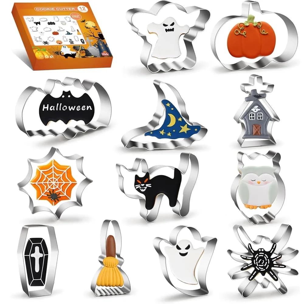Halloween Cookie Cutters Set,Stainless Steel Metal Cookie Cutter Shapes Skull & Spider Web Molds for Holiday Baking, Fondant & K
