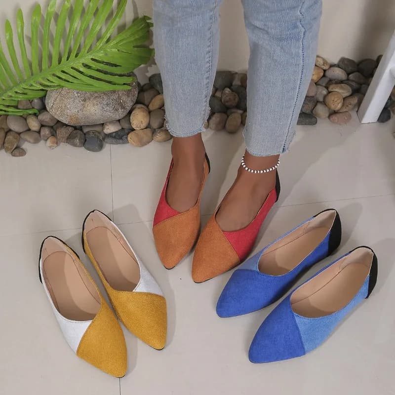 Scarpe basse da donna in pelle scamosciata con punta a punta, tacco basso 2 cm, color block, comode per l'ufficio e casual, eleganti per tutti i giorni, calzature femminili