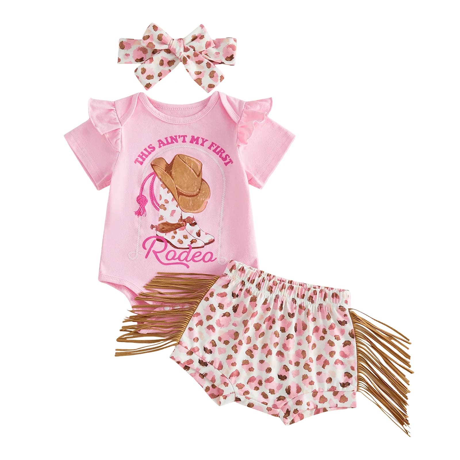 Completo da bambina in stile rododeo con stivali da cowgirl, pagliaccetto con stampa, pantaloncini con frange e fascia abbinata - Estate occidentale in 3 pezzi