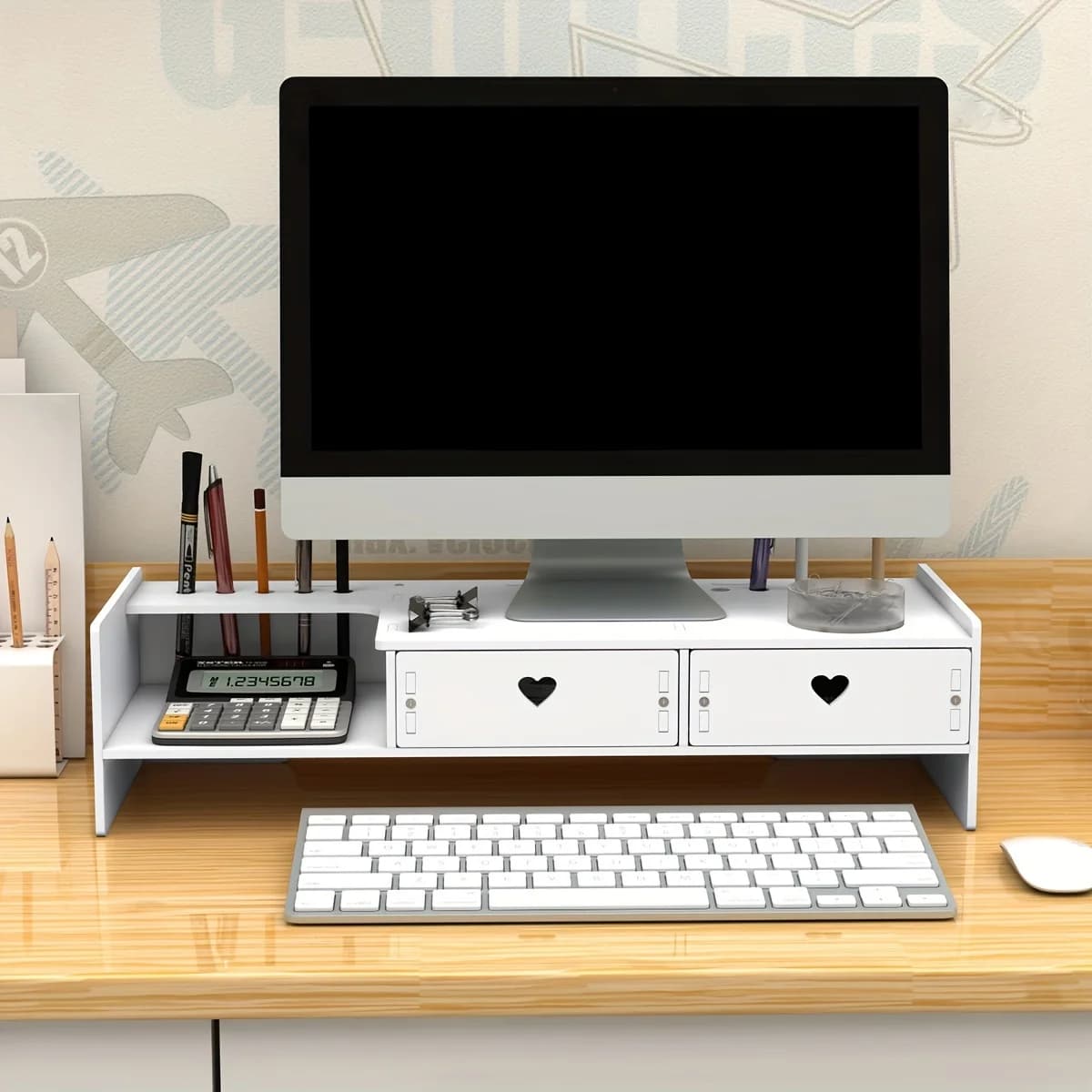 Supporto per Monitor in PVC Bianco con 2 Cassetti, Organizzatore da Scrivania con Porta Penne, Supporto per Computer Fai-da-Te per Casa e Ufficio
