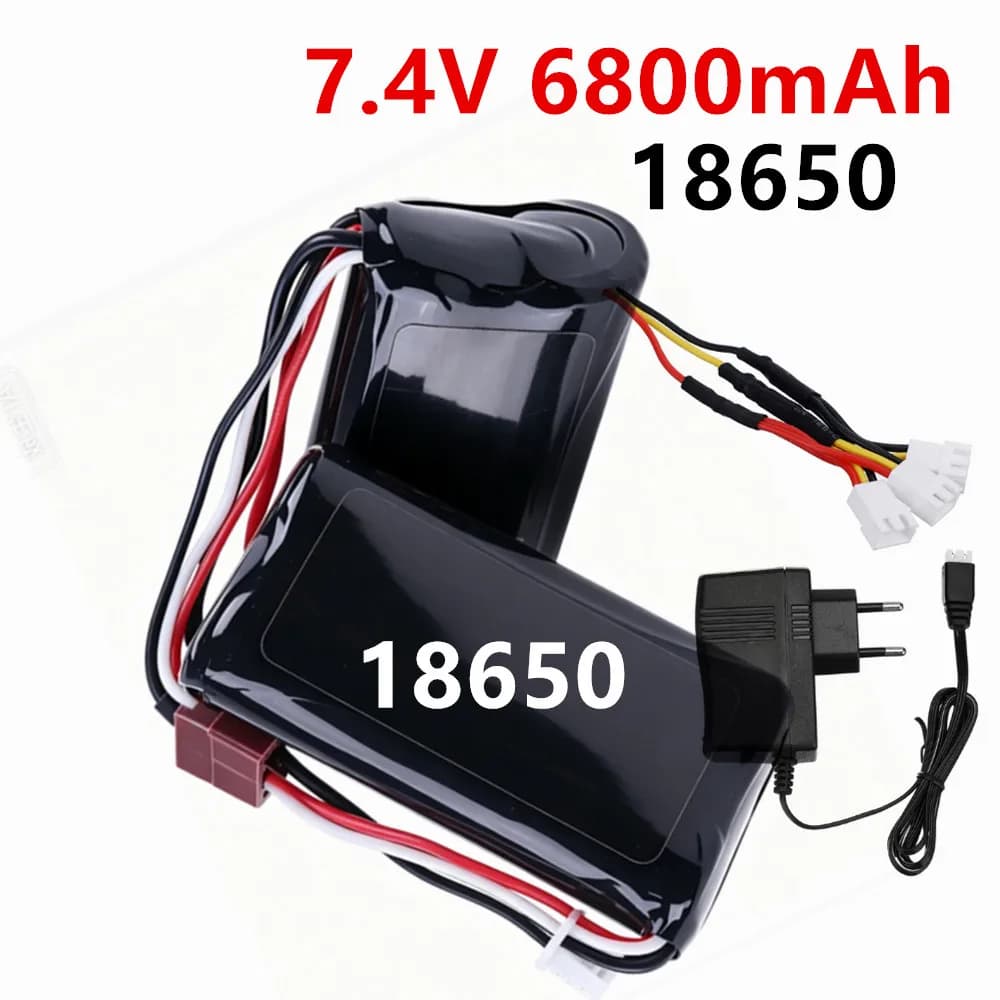 Batteria Lipo 18650 7.4V 6800mAh con Connettore T e Caricabatterie per Ricambi Auto RC Wltoys 10428/12428/12423 / Q46 12429 12409 9125 Q901